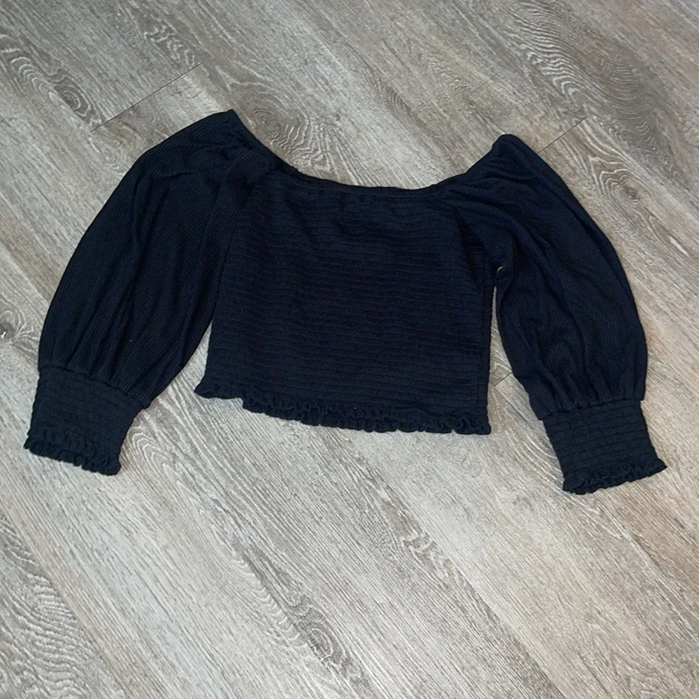 Anthropologie black size medium Smocked Crop Top blouse shirt - Picture 2 of 8